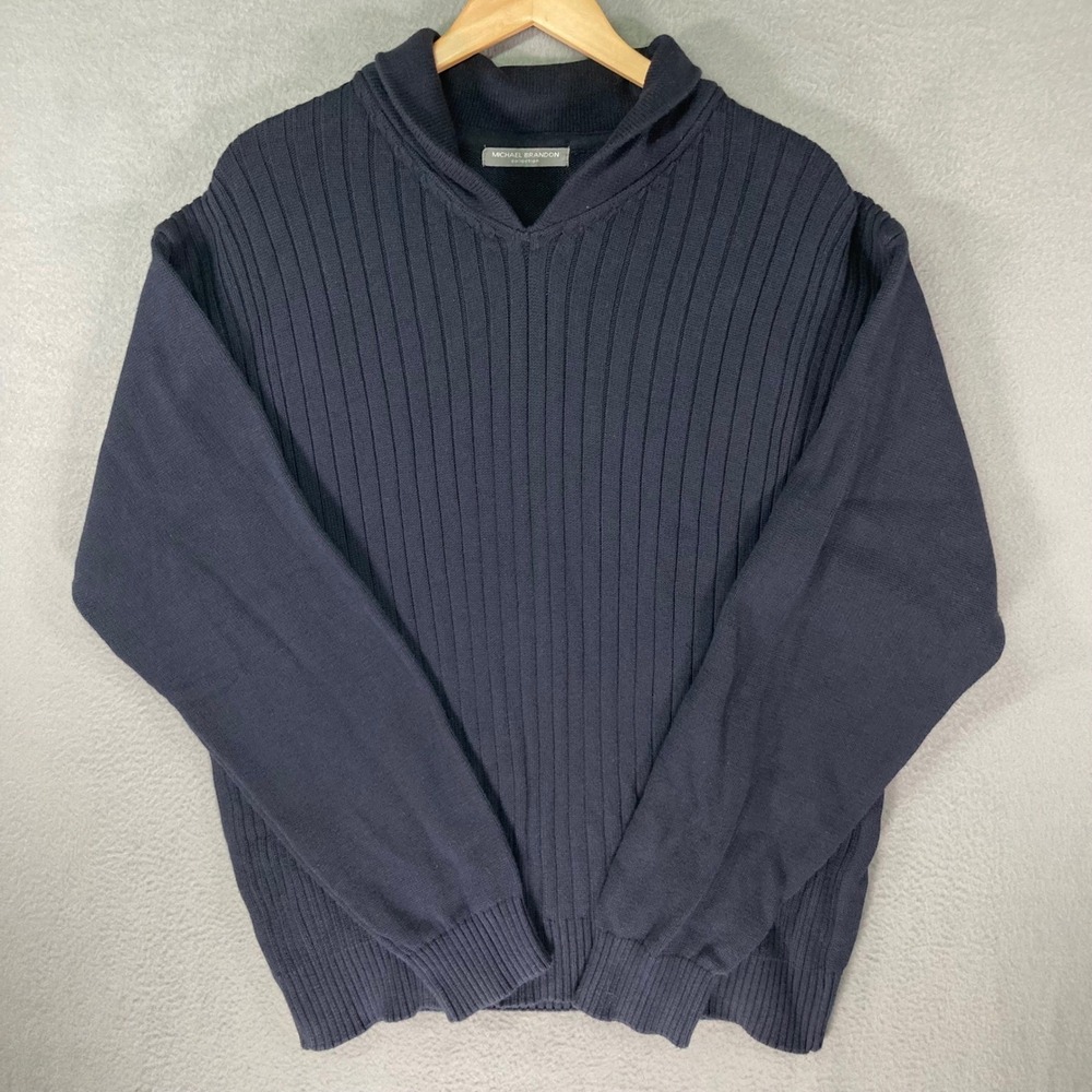 Michael Brandon Mens Sweater‎ XXL Navy Shawl Collar Ribbed Cotton